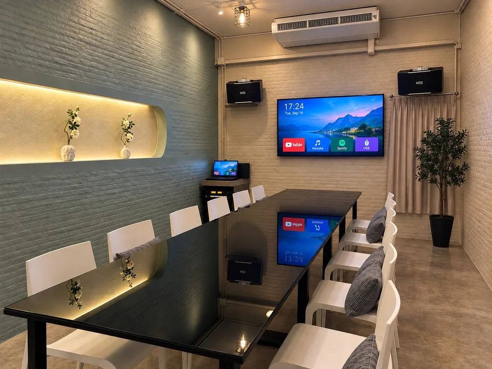 ห้องชัยพฤกษ์ ห้องคาราโอเกะ 12–20 ท่าน ผนังอิฐโทนเขียว โต๊ะยาว จอทีวีพร้อมระบบคาราโอเกะ